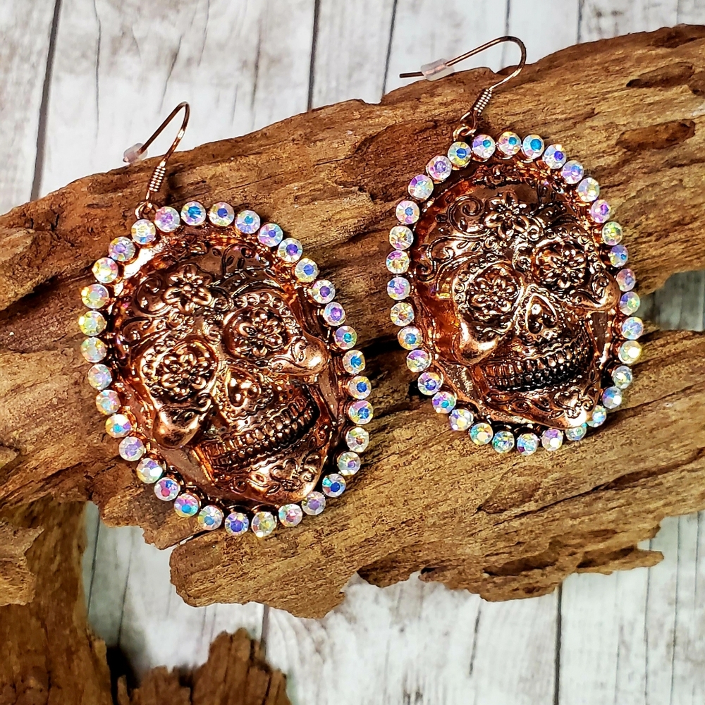 Copper sparkly sugar skull earrings